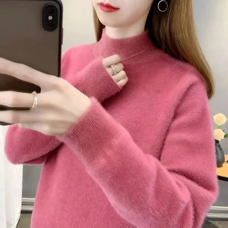 23 Rudens Ziemas Jauns Sieviešu Pulovers Džemperis Biezs Silts Modes Trikotāžas Mīkstas Džemperi Ikdienas džemperis ar brīvu apkakli