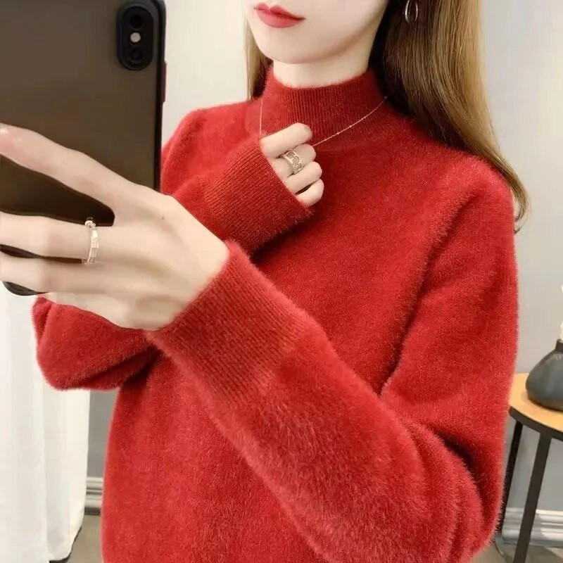 23 Rudens Ziemas Jauns Sieviešu Pulovers Džemperis Biezs Silts Modes Trikotāžas Mīkstas Džemperi Ikdienas džemperis ar brīvu apkakli