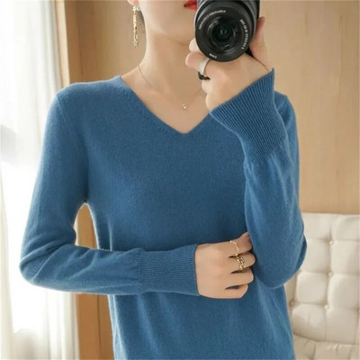 2024 Novi ženski džemperi Proljeće Jesen Pleteni puloveri s V-izrezom Široki donji dio Košulja Modni džemper od kašmira Jednobojni džemper