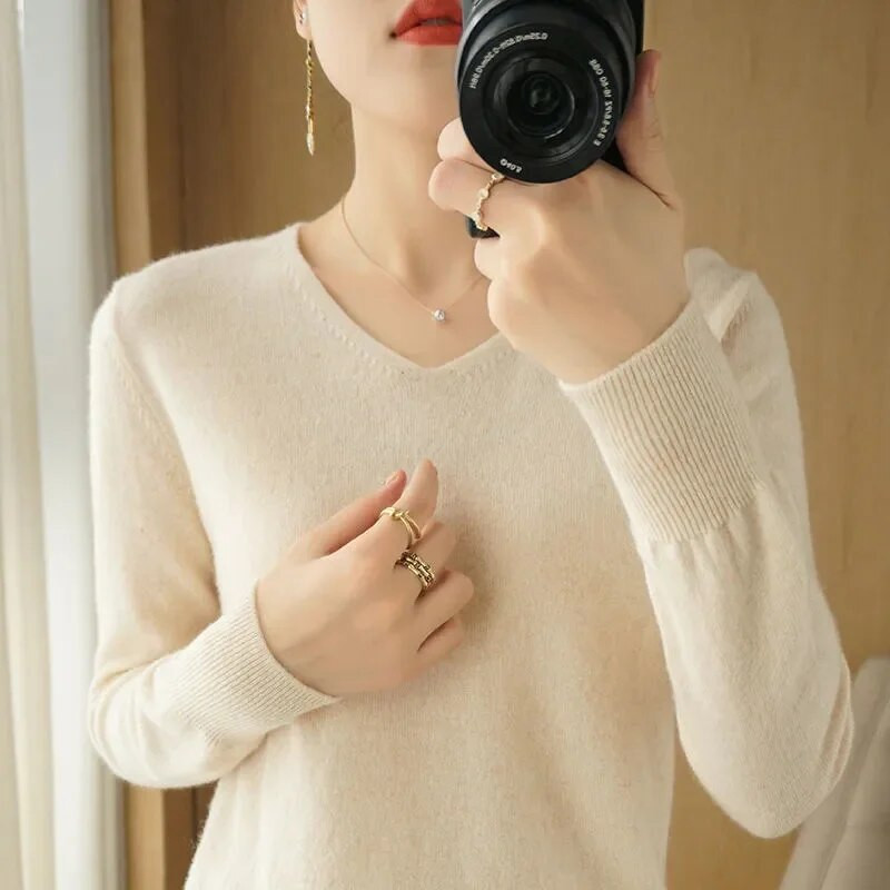 2024. gada jauni sieviešu džemperi, pavasara rudens, trikotāžas džemperi ar V veida kakla izgriezumu, krekls ar brīvu apakšu. Kašmira modes džemperis, ciets džemperis