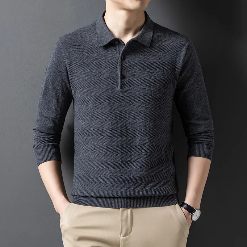 Rudens/ziemas jaunums: Polo apkakle vienkrāsains žakarda vilnas maisījuma džemperis biznesam un ikdienas valkāšanai brīvi pieguļošs polo krekls