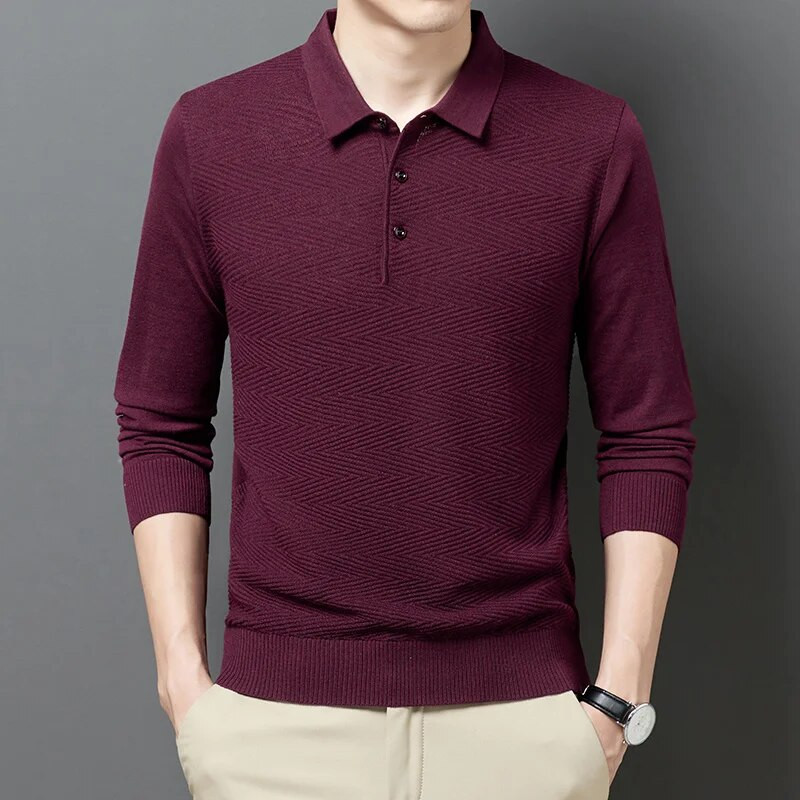 Rudens/ziemas jaunums: Polo apkakle vienkrāsains žakarda vilnas maisījuma džemperis biznesam un ikdienas valkāšanai brīvi pieguļošs polo krekls
