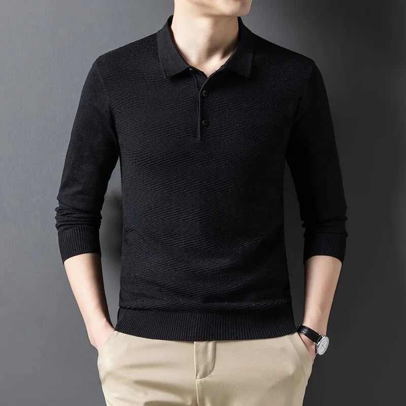 Rudens/ziemas jaunums: Polo apkakle vienkrāsains žakarda vilnas maisījuma džemperis biznesam un ikdienas valkāšanai brīvi pieguļošs polo krekls