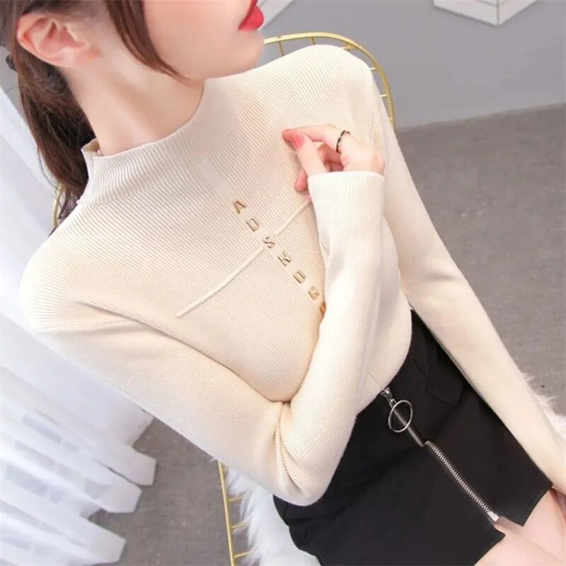 2023. gada modes vienkrāsu bruņurupuču sieviešu rudens ziemas trikotāžas džemperi Pamata džemperi Korejas džemperis, šauri pieguļoši džemperi