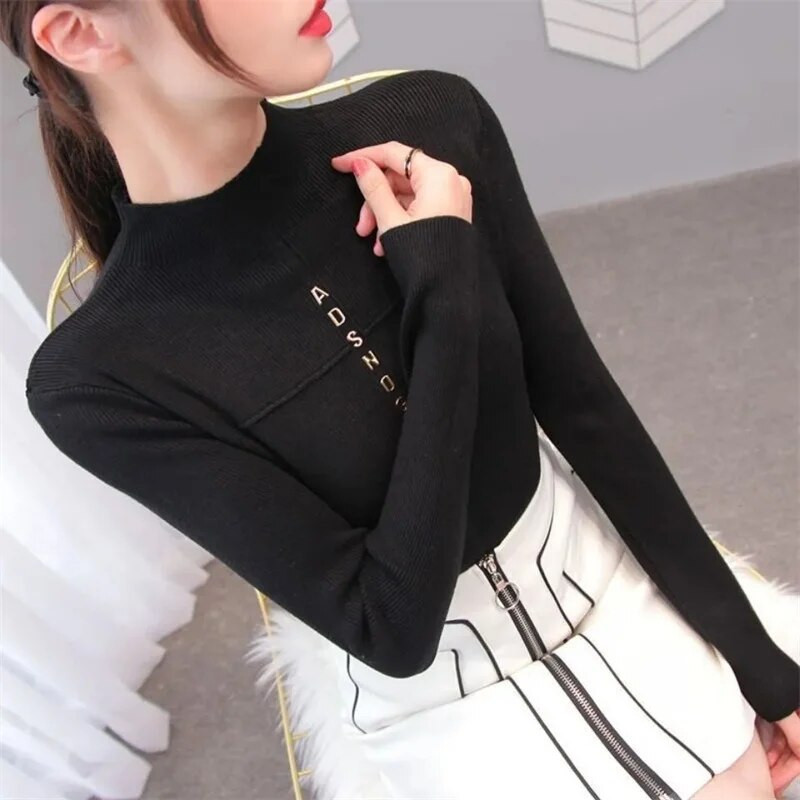 2023. gada modes vienkrāsu bruņurupuču sieviešu rudens ziemas trikotāžas džemperi Pamata džemperi Korejas džemperis, šauri pieguļoši džemperi