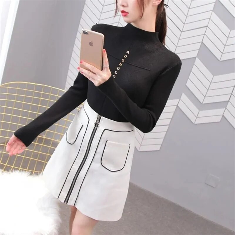 2023. gada modes vienkrāsu bruņurupuču sieviešu rudens ziemas trikotāžas džemperi Pamata džemperi Korejas džemperis, šauri pieguļoši džemperi