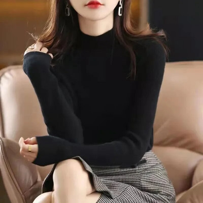 2023. gada silts rudens un ziema sieviešu džemperis, džemperis, pamata rievoti džemperi, kokvilnas topi, trikotāžas trikotāžas izstrādājumi ar apakšējo apkakli