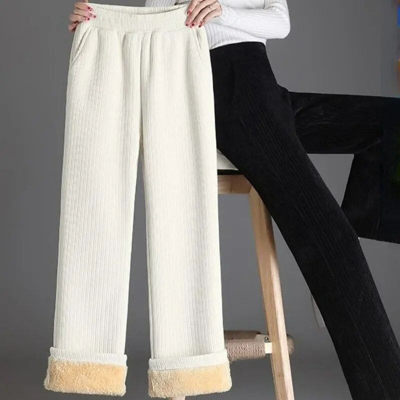 Ikdienas bikses Flīss Korejiešu apģērbi Trend Sieviešu Bikses Rudens Jaunums Slim, Mīksts Silts Plīša Platas Kājas Taisnas Bikses ar augstu vidukli