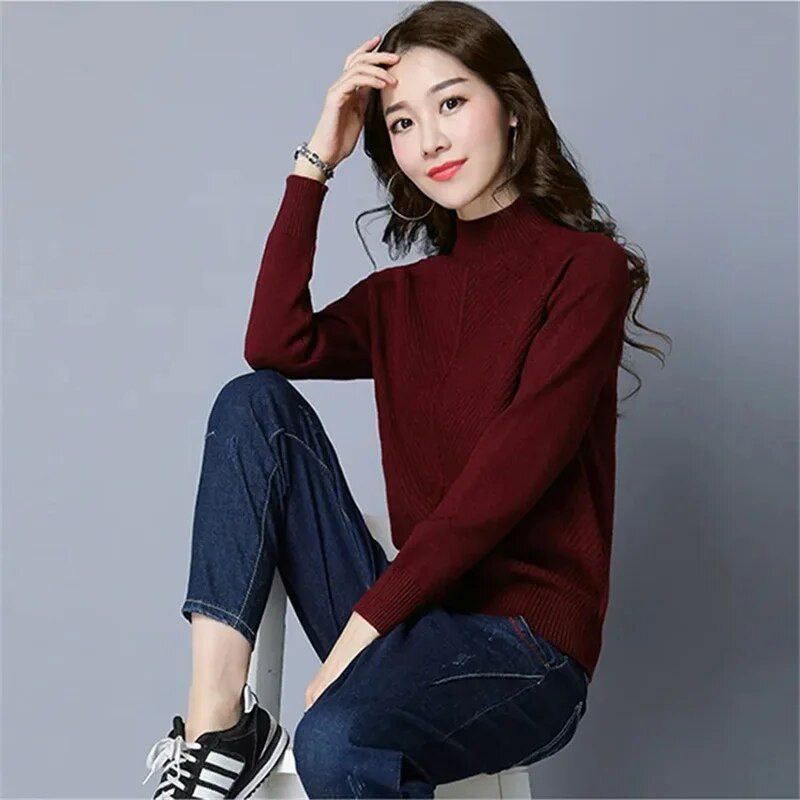 Kötött garbós női, 2023. ősz, tél, új női koreai pulóver, női hosszú ujjú pulóver, ruházati felsők
