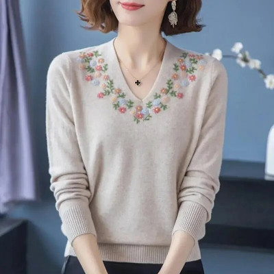 2023. gada jauns pavasaris, vasara Jauns sieviešu V veida kakla izgriezums ar garām piedurknēm, izšuvumi, kašmira trikotāžas džemperis, vienkrāsains džemperis