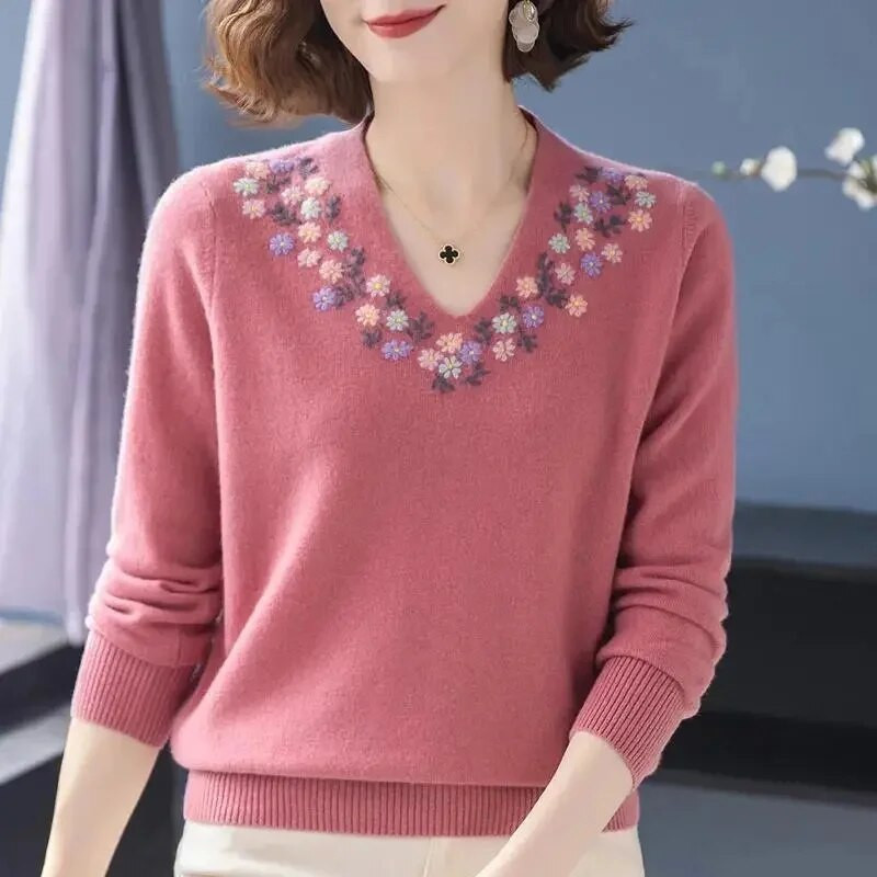 2023. gada jauns pavasaris, vasara Jauns sieviešu V veida kakla izgriezums ar garām piedurknēm, izšuvumi, kašmira trikotāžas džemperis, vienkrāsains džemperis