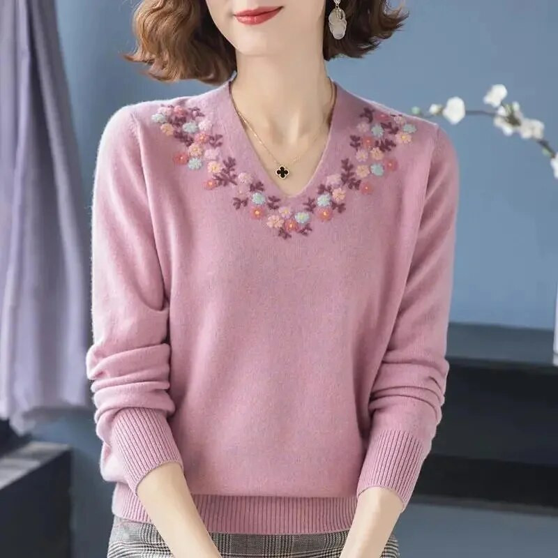 2023. gada jauns pavasaris, vasara Jauns sieviešu V veida kakla izgriezums ar garām piedurknēm, izšuvumi, kašmira trikotāžas džemperis, vienkrāsains džemperis