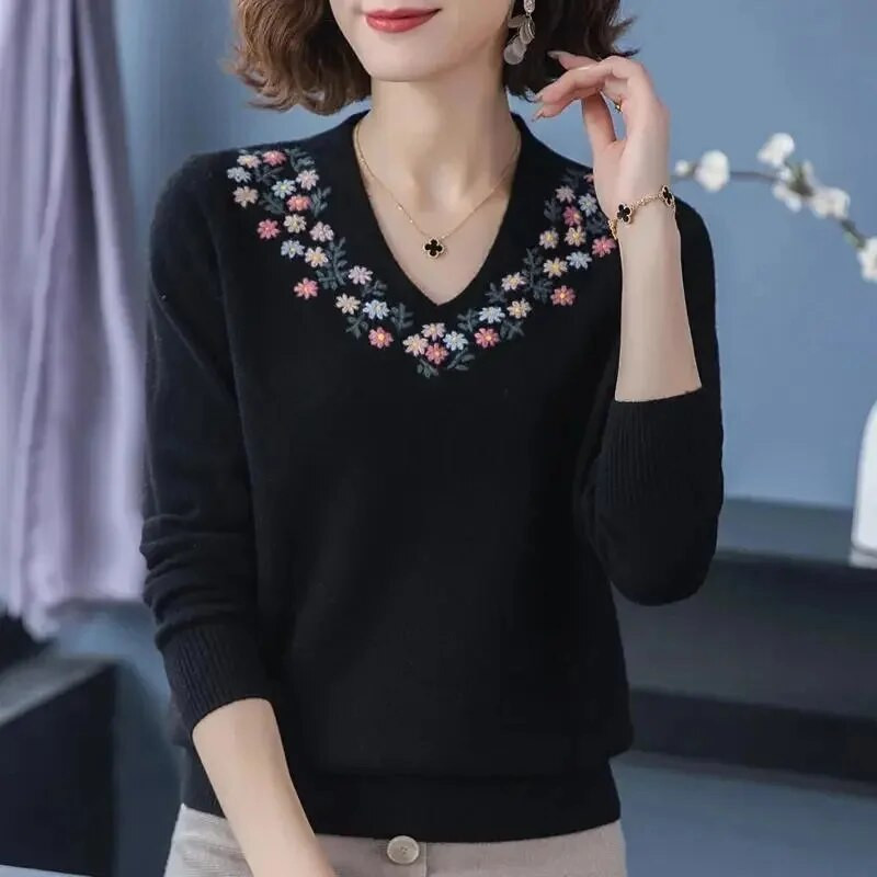 2023. gada jauns pavasaris, vasara Jauns sieviešu V veida kakla izgriezums ar garām piedurknēm, izšuvumi, kašmira trikotāžas džemperis, vienkrāsains džemperis