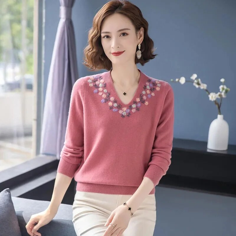 2023. gada jauns pavasaris, vasara Jauns sieviešu V veida kakla izgriezums ar garām piedurknēm, izšuvumi, kašmira trikotāžas džemperis, vienkrāsains džemperis