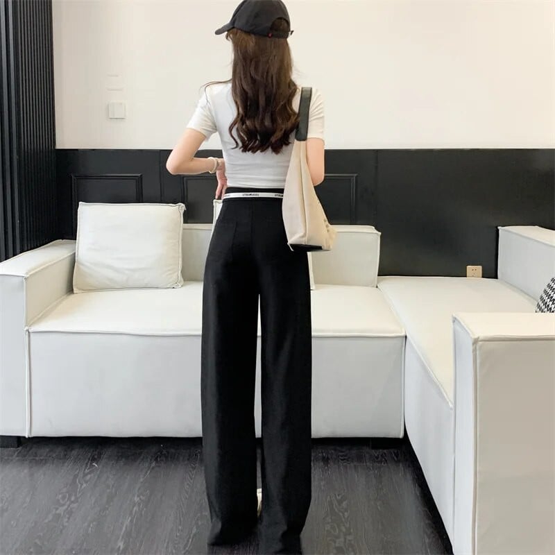 Tiesios kelnės aukštu juosmeniu, pavasario ir vasaros madingos laisvos kelnės, moteriškos kelnės