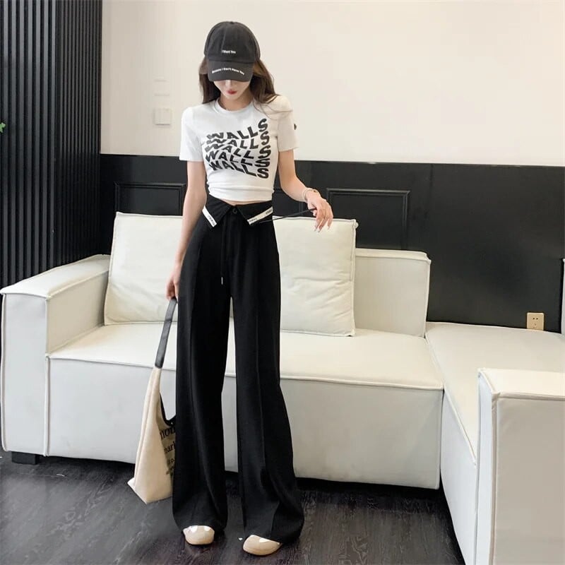 Tiesios kelnės aukštu juosmeniu, pavasario ir vasaros madingos laisvos kelnės, moteriškos kelnės