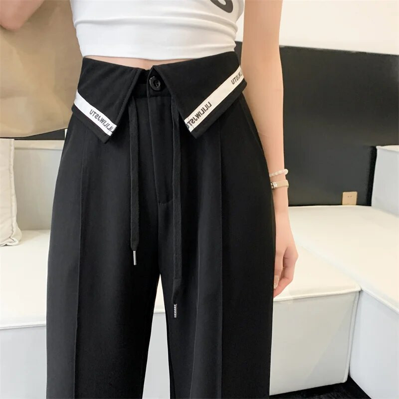 Tiesios kelnės aukštu juosmeniu, pavasario ir vasaros madingos laisvos kelnės, moteriškos kelnės