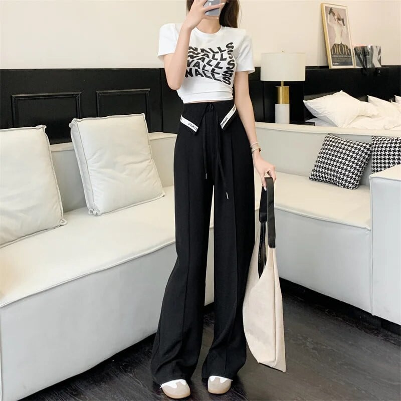 Tiesios kelnės aukštu juosmeniu, pavasario ir vasaros madingos laisvos kelnės, moteriškos kelnės