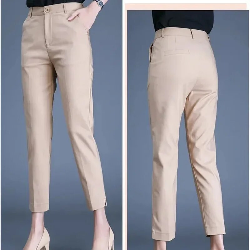Női khaki fekete munka Pantalones tavaszi magas derekú vékony ceruza nadrág irodai női öltöny klasszikus nadrág elegáns Capris 85-91 cm