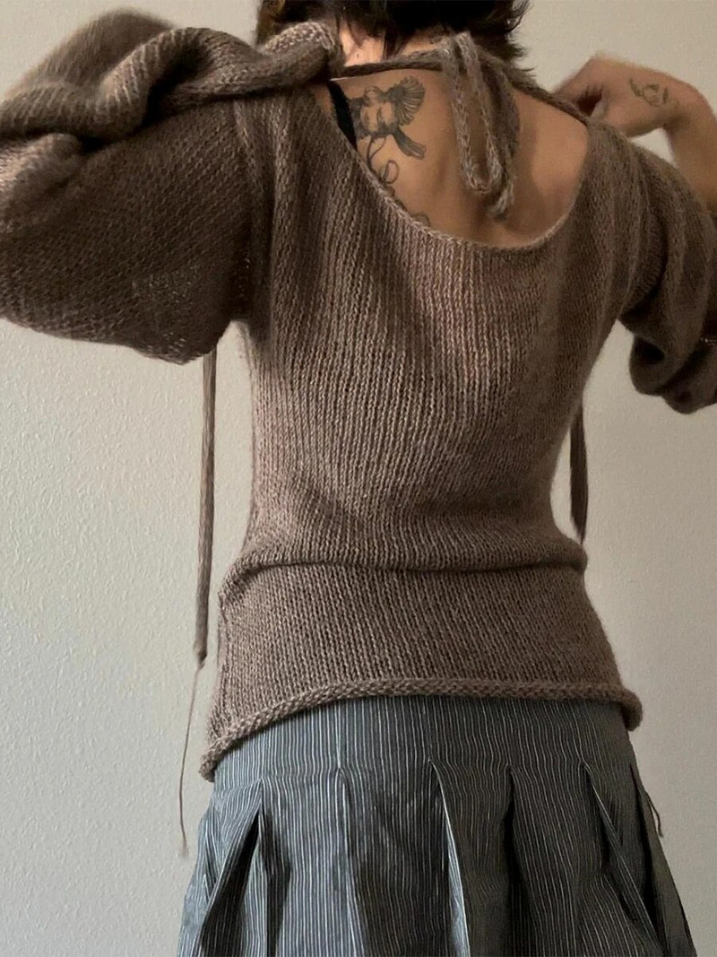 Y2K kaklasaites džemperi sievietēm ar garām piedurknēm, laivas kakla vienkrāsains trikotāžas pulovers, ikdienas tamborēti topi 2023. gada rudens jaunums