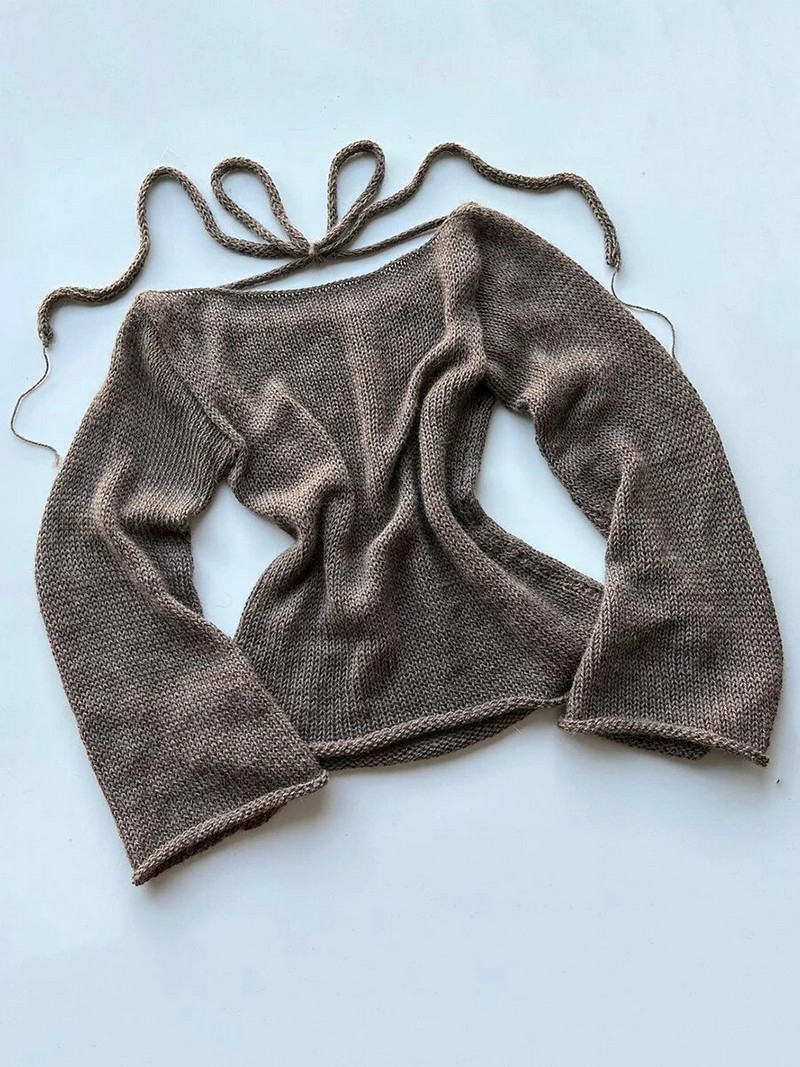 Y2K kaklasaites džemperi sievietēm ar garām piedurknēm, laivas kakla vienkrāsains trikotāžas pulovers, ikdienas tamborēti topi 2023. gada rudens jaunums