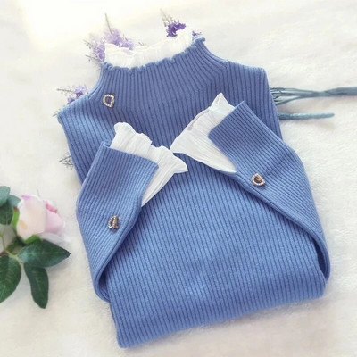 Silts korejiešu džemperis ar garām piedurknēm, slaids bruņurupuču trikotāžas rozā topi šiks volāns džemperis viltots 2 gabali