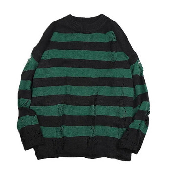 Пуловери с черни райета Destroyed Ripped Sweater Men Pullover Hole Knit Jumpers Мъжки извънгабаритни суичъри Harajuku Горнища с дълъг ръкав