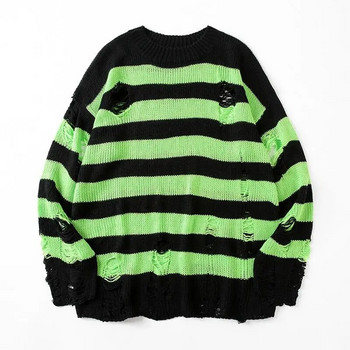 Пуловери с черни райета Destroyed Ripped Sweater Men Pullover Hole Knit Jumpers Мъжки извънгабаритни суичъри Harajuku Горнища с дълъг ръкав