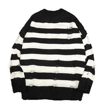 Пуловери с черни райета Destroyed Ripped Sweater Men Pullover Hole Knit Jumpers Мъжки извънгабаритни суичъри Harajuku Горнища с дълъг ръкав