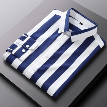 Модни широки корейски раирани ризи с копчета на ревера Мъжко облекло Есен 2023 Нови големи ежедневни горнища с дълъг ръкав Универсална риза