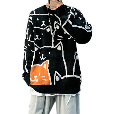 Férfi hosszú ujjú pulóver Harajuku karikatúra macska nyomott pulóver felső Hip-hop túlméretes bő kötöttáru kerek nyakú utcai viselet