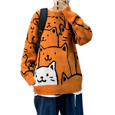Férfi hosszú ujjú pulóver Harajuku karikatúra macska nyomott pulóver felső Hip-hop túlméretes bő kötöttáru kerek nyakú utcai viselet