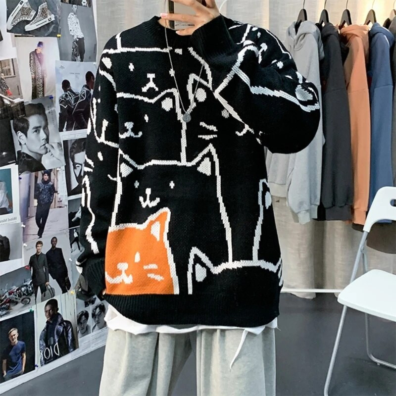Férfi hosszú ujjú pulóver Harajuku karikatúra macska nyomott pulóver felső Hip-hop túlméretes bő kötöttáru kerek nyakú utcai viselet