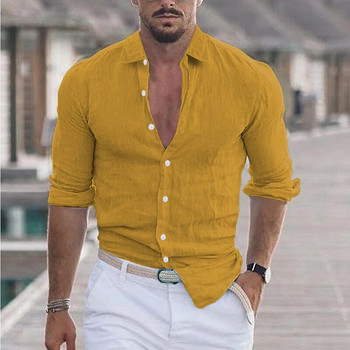 2023 г. Мъжка ежедневна памучна ленена риза с отложна яка, плътна свободна горна част с дълъг ръкав Пролетна и есенна красива модна риза