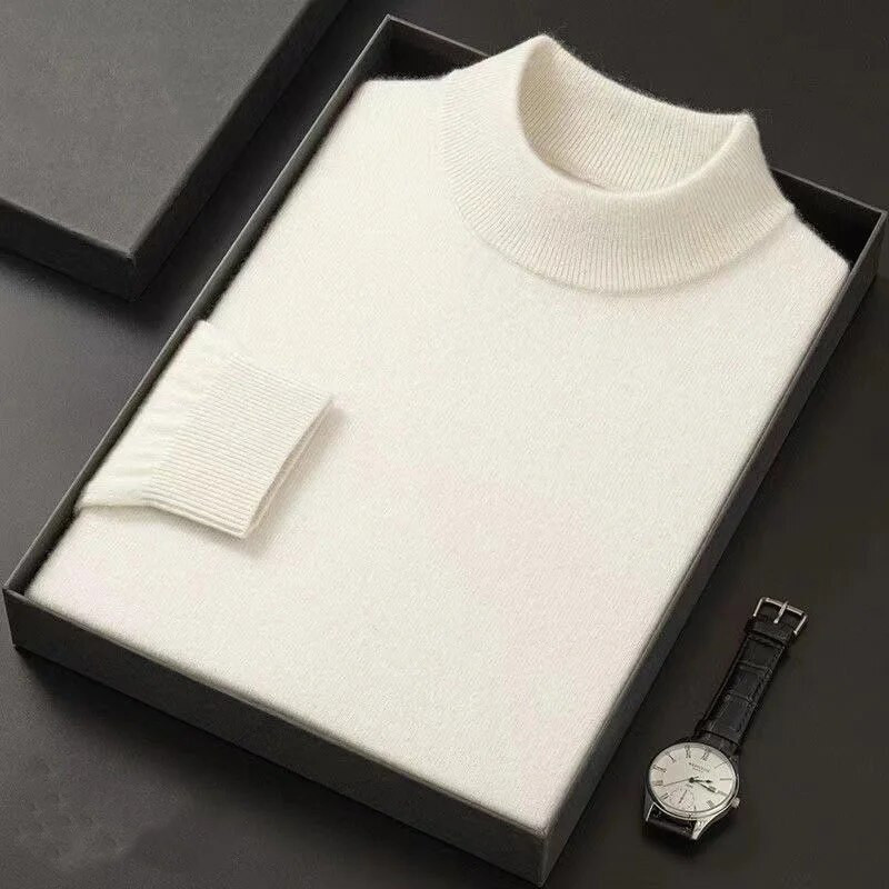 2023. gada rudens un ziemas modes Vienkāršs, silts vienkrāsains trikotāžas džemperis ar pusi augstu kakla izgriezumu ar kašmira vīriešu apakšējo džemperi