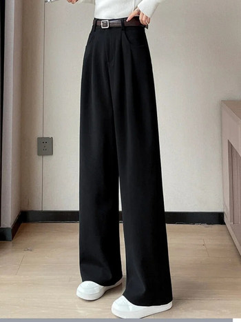Ψηλόμεσο μάλλινο φαρδύ παντελόνι Μασίφ, χαλαρό ίσιο παντελόνι Κορεατικής μόδας Κομψό 2023 Νέα λεπτή ζώνη δώρου για γυναικεία παντελόνια