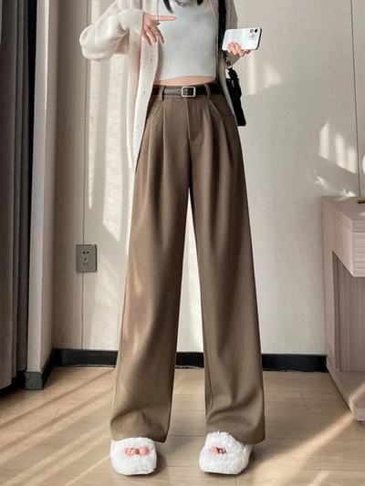 Vilnas bikses ar augstu vidukli, platas kājas, ikdienišķas brīvas, taisnas bikses korejiešu modes elegants 2023. gada jaunais plāns sieviešu bikses dāvanu josta