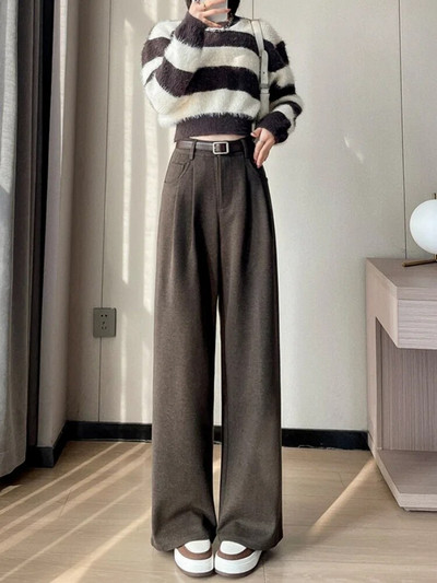 Vilnas bikses ar augstu vidukli, platas kājas, ikdienišķas brīvas, taisnas bikses korejiešu modes elegants 2023. gada jaunais plāns sieviešu bikses dāvanu josta