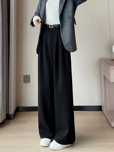 Vilnas bikses ar augstu vidukli, platas kājas, ikdienišķas brīvas, taisnas bikses korejiešu modes elegants 2023. gada jaunais plāns sieviešu bikses dāvanu josta