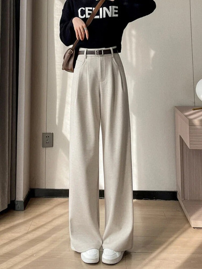 Vilnas bikses ar augstu vidukli, platas kājas, ikdienišķas brīvas, taisnas bikses korejiešu modes elegants 2023. gada jaunais plāns sieviešu bikses dāvanu josta