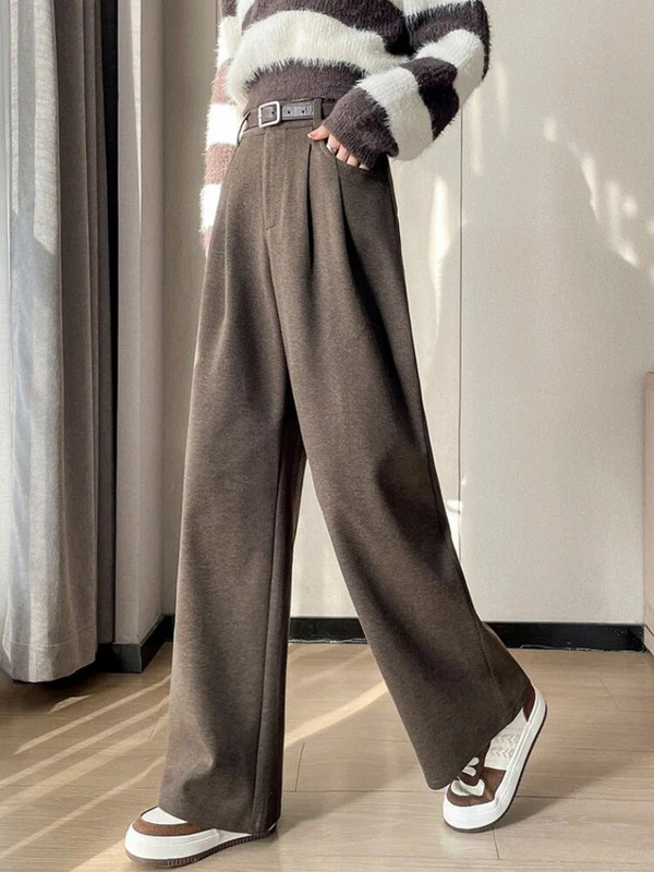 Vilnas bikses ar augstu vidukli, platas kājas, ikdienišķas brīvas, taisnas bikses korejiešu modes elegants 2023. gada jaunais plāns sieviešu bikses dāvanu josta