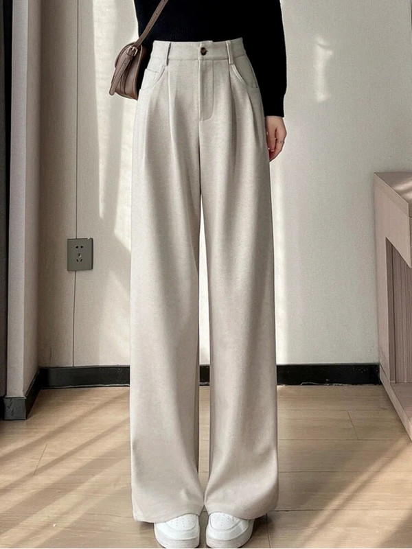 Vilnas bikses ar augstu vidukli, platas kājas, ikdienišķas brīvas, taisnas bikses korejiešu modes elegants 2023. gada jaunais plāns sieviešu bikses dāvanu josta
