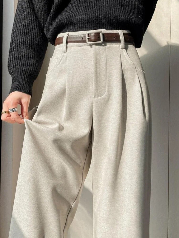 Vilnas bikses ar augstu vidukli, platas kājas, ikdienišķas brīvas, taisnas bikses korejiešu modes elegants 2023. gada jaunais plāns sieviešu bikses dāvanu josta