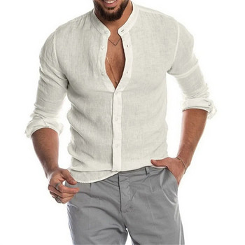Мъжка памучна ленена блуза Лятна о-образна деколте с дълъг ръкав и свободни копчета Твърда мъжка риза Блуза BSD-ZT170