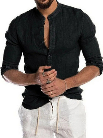 Мъжка памучна ленена блуза Лятна о-образна деколте с дълъг ръкав и свободни копчета Твърда мъжка риза Блуза BSD-ZT170