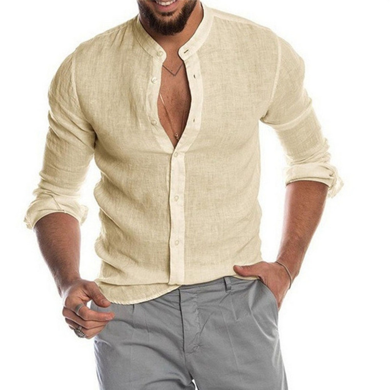 Férfi pamut vászonblúz nyári O-nyakú, hosszú ujjú bő gombos tömör férfi ingblúz BSD-ZT170