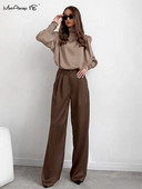 Mnealways18 brūnas, taisnas sieviešu kroku bikses Vintage cietas ar augstu elastīgu jostasvietu Biroja bikses Sieviešu 2024. gada pavasara bikses