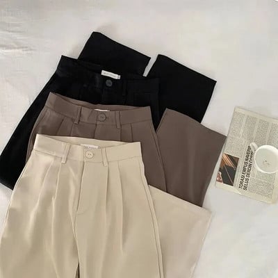 Pantaloni de costum pentru femei cu talie înaltă, toamnă, drepți, de birou, pantaloni de modă coreeană, ocazional, cu nasturi, pantaloni negri pentru femei, noi