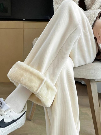 Νέο χειμερινό ζεστό παντελόνι Lambwool με φαρδύ πόδι Casual Thicken Women Snow Wear Pantalone φαρδύ βελούδινο φλις με επένδυση Spodnie 2023