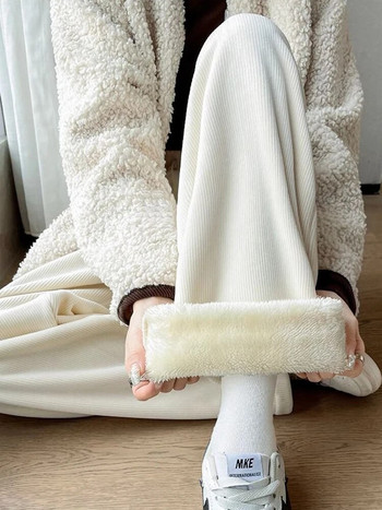Νέο χειμερινό ζεστό παντελόνι Lambwool με φαρδύ πόδι Casual Thicken Women Snow Wear Pantalone φαρδύ βελούδινο φλις με επένδυση Spodnie 2023